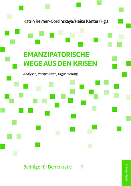 Der Titel des Buches lautet "EMANZIPATORISCHE WEGE AUS DEN KRISEN" und ist eine Sammlung von Analysen, Perspektiven und Organisierungen. Herausgegeben von Katrin Reimer-Gordinskaya und Heike Kanter. Es gehört zur Reihe Beiträge für Demokratie.
Das Cover ist minimalistisch und modern gestaltet, mit grünen und weißen Quadraten, die in einem unregelmäßigen Muster verteilt sind, was die Themen der Vielfalt und Veränderung symbolisieren könnte, die in der Emancipation und Krisenbewältigung eine Rolle spielen.
Dieser Titel richtet sich wahrscheinlich an Leser, die sich mit politischen, sozialen und gesellschaftlichen Themen wie Krisenbewältigung und Emanzipation beschäftigen.